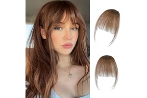 DinkyTims Clip in Bangs 100% Real Human Hair Bangs Hair Clip Thin Medium Brown Fake Bangs,Clip on Bangs for Women Faux Bangs Clip in Hairpieces with Hair Roller(Thin Bangs, Medium Brown)
