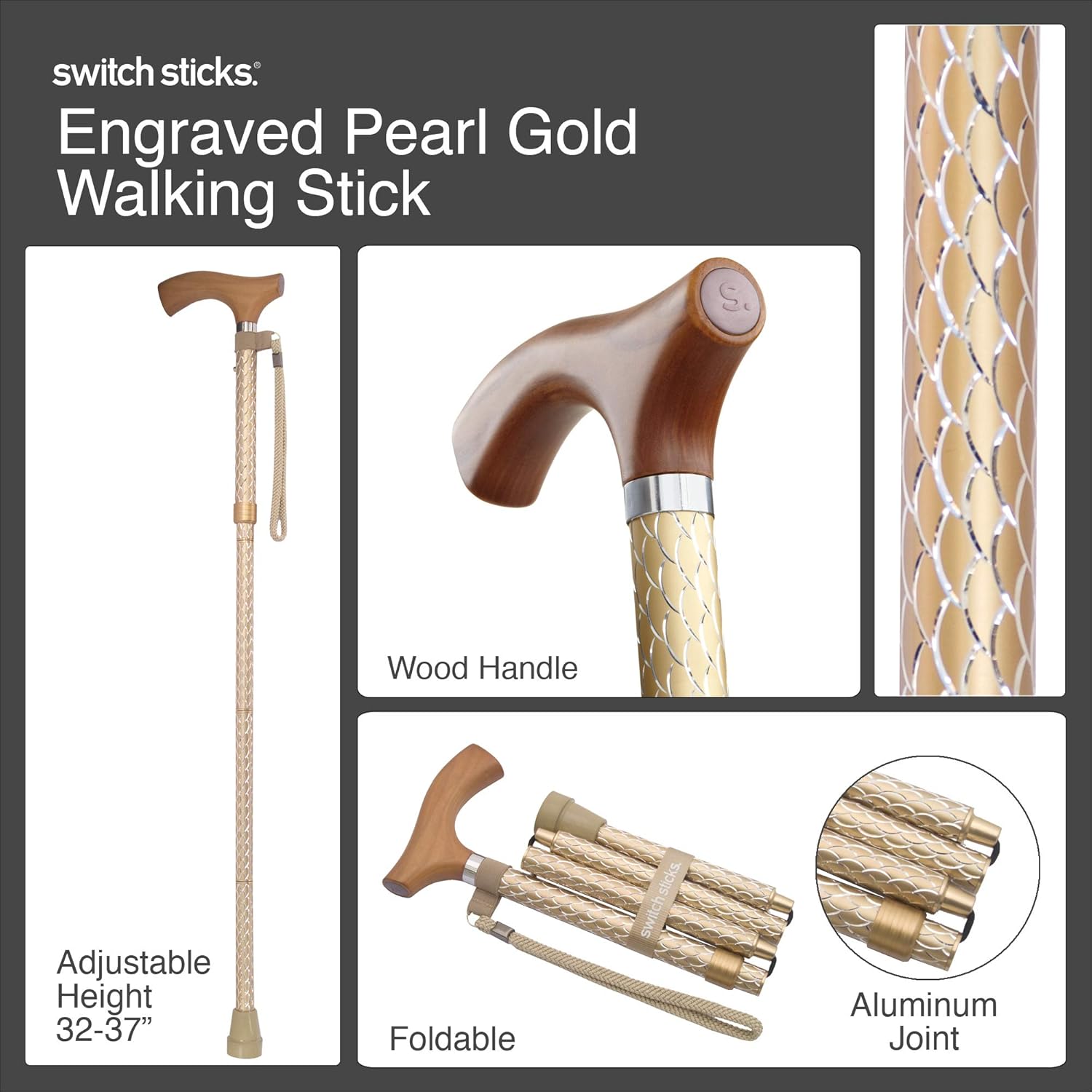 Switch Sticks Adjustable Folding Walking Cane and Walking Stick Collapses and Adjusts from 32 to 37 inches, Engraved Pearl Gold: Home & Kitchen