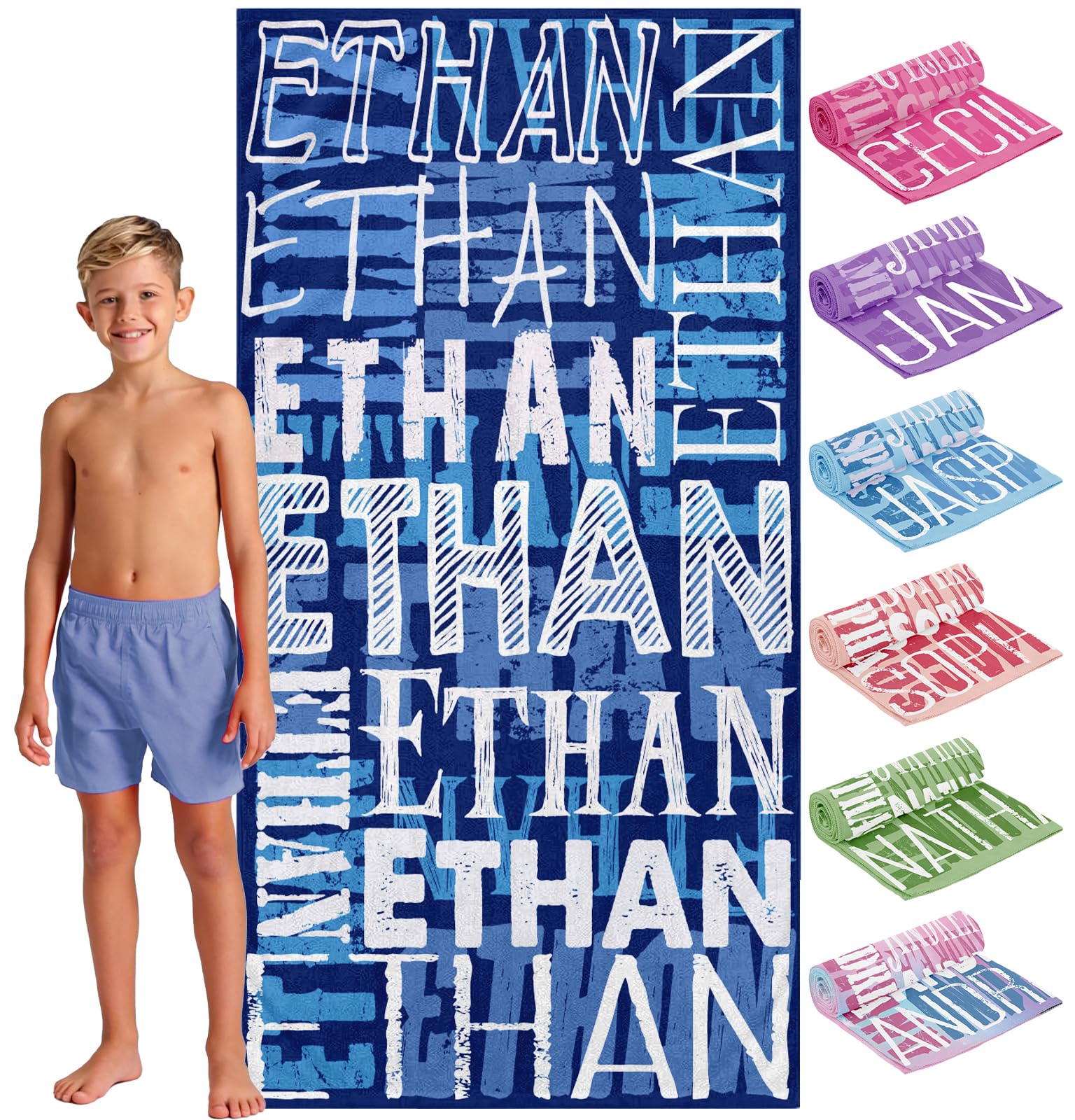 MeMoShe Personalized Kids Beach Towels with Name, Custom Microfiber Beach Towels Easter Gifts for Kids, Customized Sand Free Lightweight Beach Towel for Girls Boys Children Toddlers-Navy