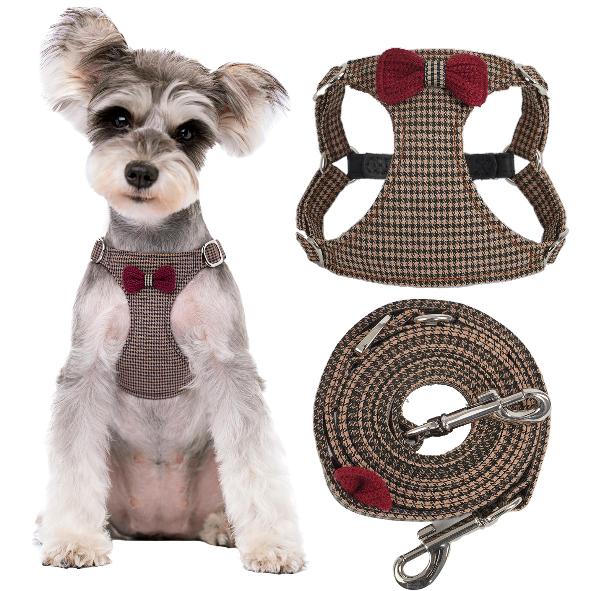 Puppytie No Pull xs Dog Harness with Multifunction Dog Leash,Soft Adjustable No Choke Escape Proof Pet Harness Vest,Knitted Brown,XS