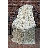 SAOL Honeycomb and Cable Knit Patterns 100% Irish Merino Wool Aran Throw/Blanket 60 x 40 inches (Natural)