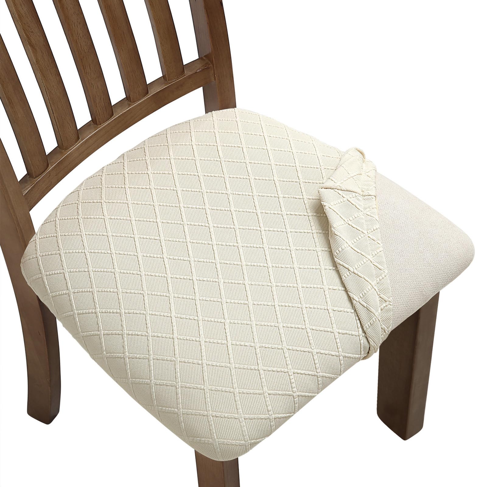 Fuloon Stretch Chair Seat Covers 6 PCS, Removable Washable Dining Room Chair Covers Anti-Dust Seat Cushion Slipcovers (Beige)