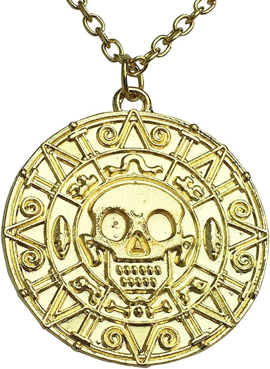 Caribbean Pirate's Treasure Aztec Skull Coin Medallion Necklace