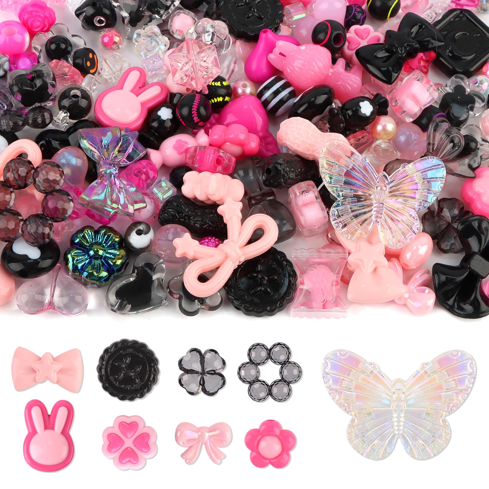 Photo 1 of 150PCS Acrylic Pastel Beads for Jewelry Making, Kalolary Colorful Bow Butterfly Flower Kawaii Plastic Candy Heart Cute Macaroon Aesthetic Beads for Bracelet Necklace DIY Supplies (Black Rose Pink)