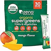 Zena Nutrition Organic Super Greens Powder, 70+ Superfoods, 0 Sugar, 3G Fiber, Spirulina, Chlorella, Mushrooms, Prebiotics/Probiotics, Digestive Enzymes for Gut Health, Mango, 30 Drink Mix Packets