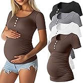 Sweetyweee 4 Pack Womens Maternity Shirts Scoop Neck Cotton Short Sleeve Ribbed Pregnancy Top Henley Side Ruched Mama Clothes
