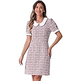 Allegra K Peter Pan Collar Dresses for Women's Plaid Puff Short Sleeve Mini Tweed Dress