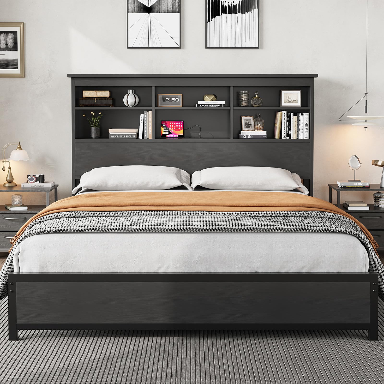 Photo 1 of ***MISSING PARTS*** ***READ CLERK NOTES*** GarveeHome King Size Bed Frame with Bookcase Headboard, 2-Tier Storage King Platform Bed with Charging Station, No Box Spring Needed Easy Assemble Black Mattress Foundation