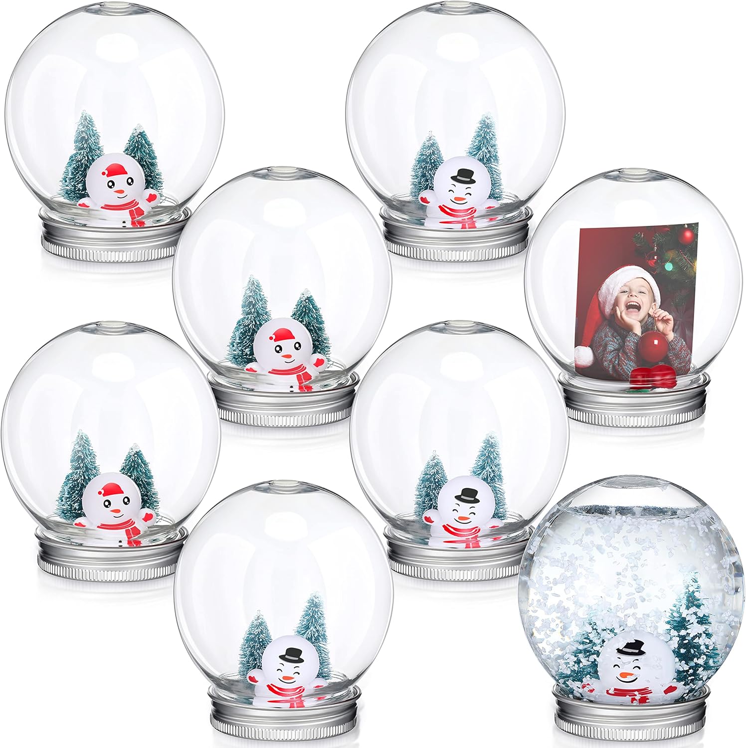 Snow Globes - 8 Set Christmas Clear Snow Globes Kit Plastic Water Globe with Screw Off Cap Artificial Christmas Trees Mini Snowman Snow Flakes for Ornaments Kids DIY Crafts Fillable Snow Globes Home Decoration