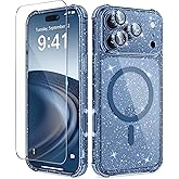 BERFY for iPhone 17 Pro Max Case for Women, Compatible with MagSafe, Clear Glitter Shockproof Protective Case, Anti-Yellowing, with Screen Protector & 3 Diamond Camera Lens Covers 6.9", Sparkle Blue