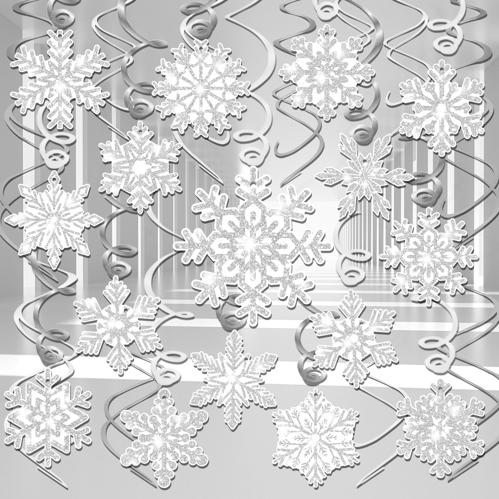 HOWAF Snowflake Decorations Hanging Swirls, 30pcs Paper Snowflakes Silver Foil Ceiling Decorations for Xmas, Frozen New Year Party Supplies