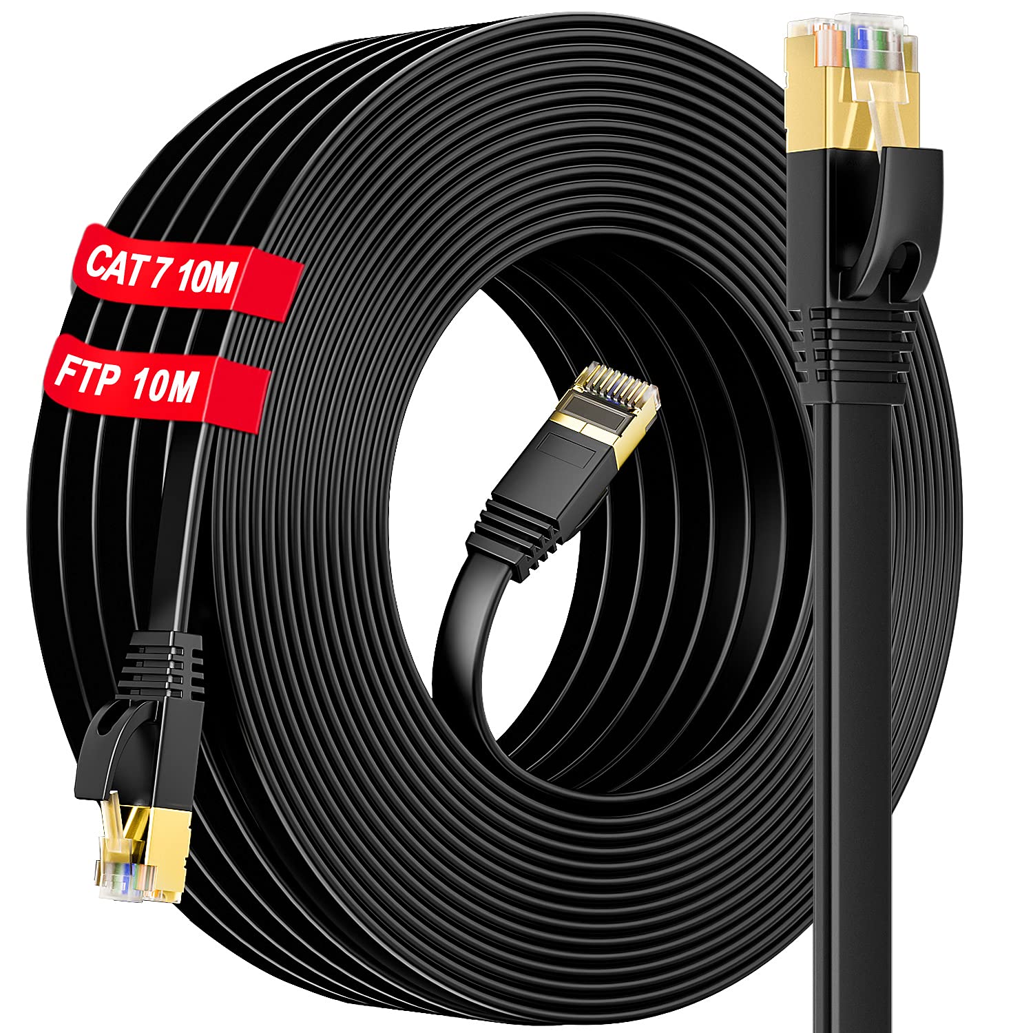 Soibke Cat 7 10m Ethernet Cable, Long Internet Cable High Speed, Flat 10 metre, Gigabit Lan Shielded S/FTP rj45 For Router/Switch - Faster Than Cat5/Cat5E/False Cat7 (10 Clips), Gold — image 1