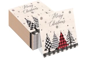 FALIZIFU 50 pcs 3-Ply Christmas Tree Napkins Folded 5 x 5 inch Disposable Cocktail Napkins Paper Napkins for Dinner Home Party Supplies Christmas Plaid Beverage Napkins