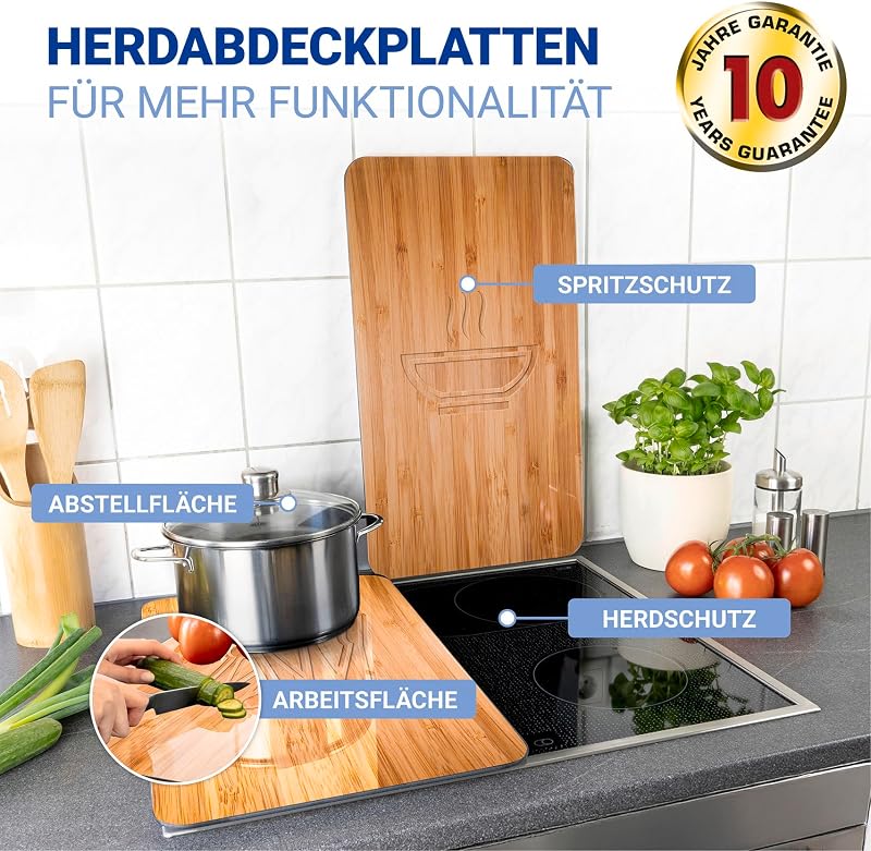 Herdabdeckplatte Universal Mod. Lunch, höhenverstellbar für alle Herdarten, Schneidebrett und Spritzschutz, Glas, 30 x 52 cm, 2-teilig