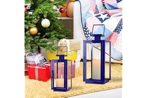 DECORKEY Christmas Lanterns Decorative Outdoor&Indoor, 17''&13'' Set of 2 Xmas Blue Lanterns Decorations for Home, Modern Hanging/Tabletop Candle Holders for Christmas Front Door Porch Patio Decor