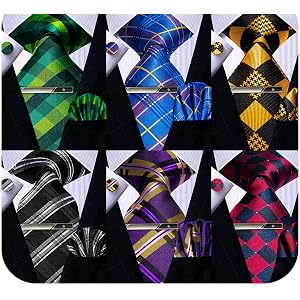 Kerfado Mens Silk Tie Set, 6PCS Tie and Pocket Square Cufflinks Clip Set Wedding Business Party Necktie