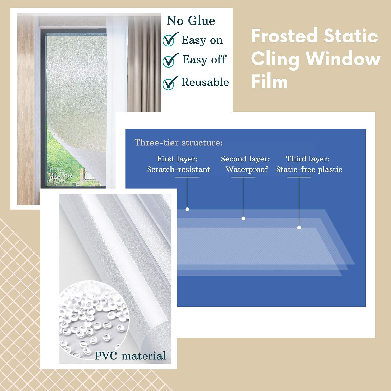 WAENLIR Privacy Window Film, Self Adhesive Frosted Glass Film, Static Cling Opaque Window Film for Home Office - Image 5