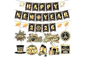 BISWITER Happy New Year Banner 2026, No-DIY New Years Eve Decorations for NYE Party Supplies 2026, Black and Gold NYE Decor Sign Banner Indoor
