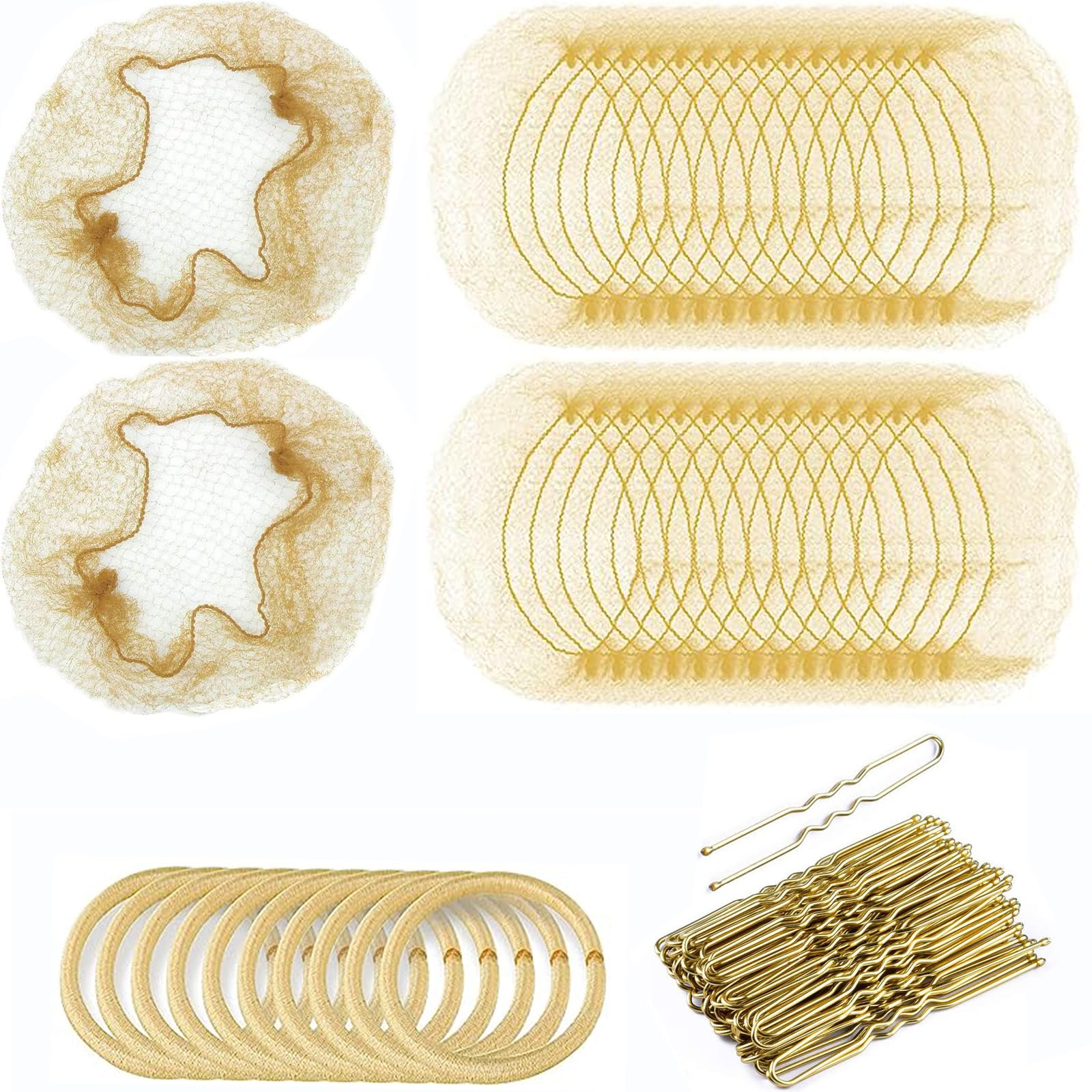 Hair Nets for Buns, 30pcs Blonde Invisible Hair Nets with 40pcs Hair Pins & 10pcs Hair Bands, Blonde Hair Net for Girls, Gold U Shape Bobby Pins for Ballet Dancers Nurse Women