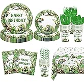 MEHOFOND Reptile Birthday Party Decorations - Happy Birthday Reptile Snake Plates and Napkins - Snake Turtle Palm Leaf Jungle Paper Plates Cups with Tablecloths, Reptile Bday Party Supplies, Serve 24