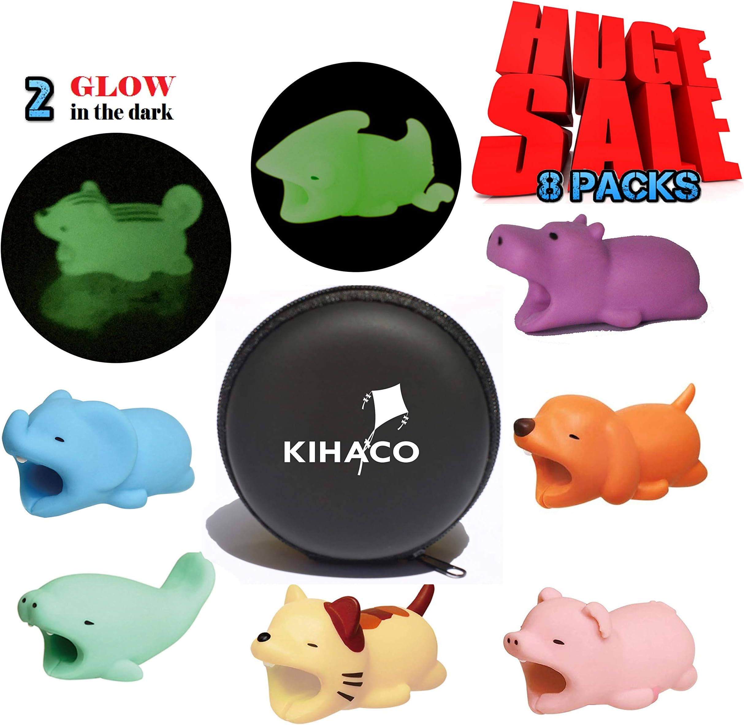 KIHACO Animal Bite Cable Protector 8 pack 2 Animal Bites Protectors Glow in The Dark And 6 Normal Cable Chompers Changer Protector Cute Cable Buddies Charging Cord Phone Buddy Cords Saver For IPhone