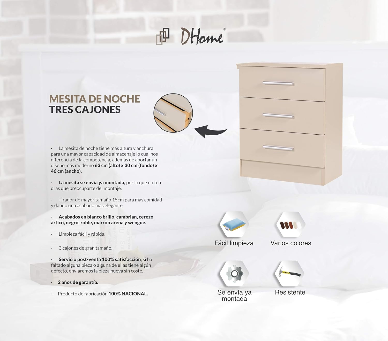 DHOME Nachttisch für Schlafzimmer, 2 oder 3 Schubladen, Beistelltisch