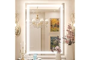 Keonjinn LED Bathroom Mirror 24" x 32" with Frontlit and Backlit, Stepless 3 Colors Temperature & Dimmable Vanity Mirror with Light, Double LED Strips, Tempered Glass Wall Mirror, UL Listed LED Driver