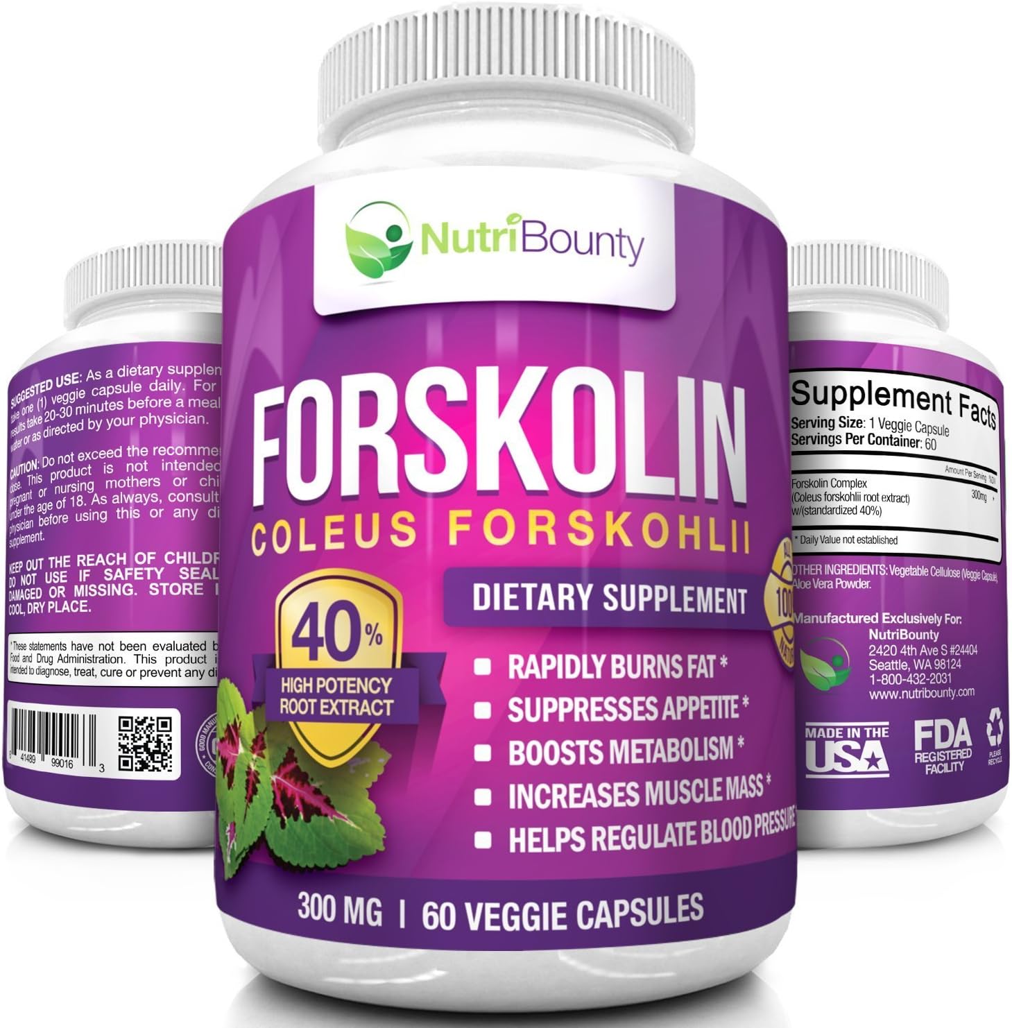 40% Pure FORSKOLIN 300mg per Capsule | Highest Grade Coleus Forskohlii Standardized Root Extract for Weight Loss | Made in USA by NutriBounty | 60 Veggie Capsules