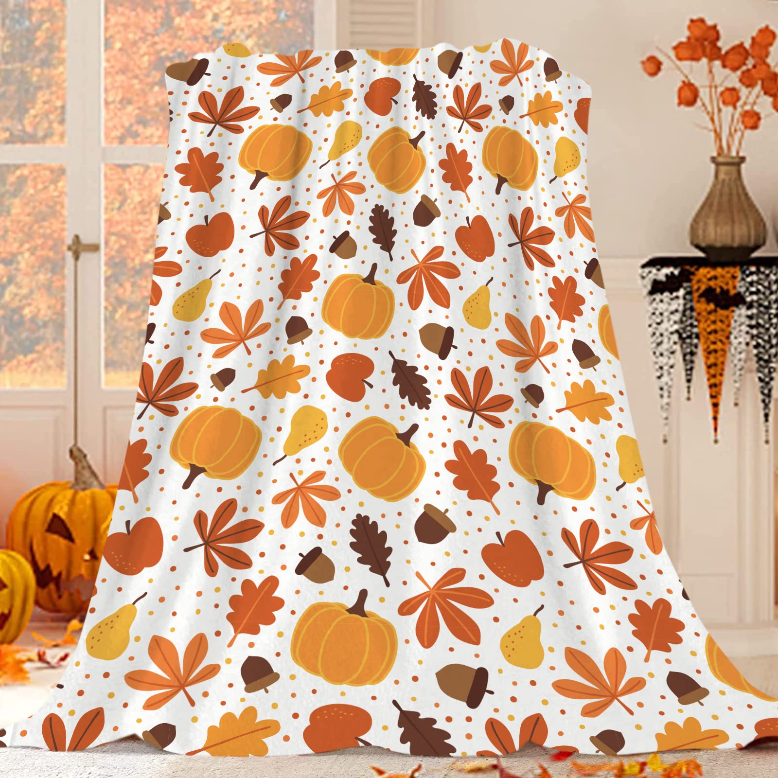 JOOCAR Flannel Throw Blanket Fall Pumpkin Autumn Leaves Cozy and Soft Plush Warm Blankets for Bed Couch Living Room Sofa Chair