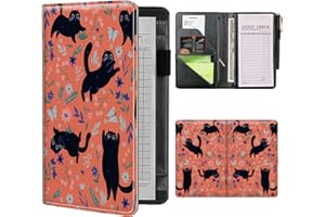 BWEGRHE Server Books for Waitress Waiter with Zipper Pocket, Cute Black Cats Flowers Leather Server Pads Waitstaff Organizer Guest Check Presenters Server Wallet Money Holder Pouch Fit Apron