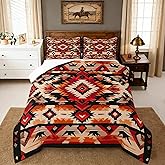 Feelyou Boho Comforter Set Queen Size Southwest Native American Design Comforter Southwestern Geometric Bedding Set Western Decor Duvet Set Room Decor Hot Orange Quilt Set