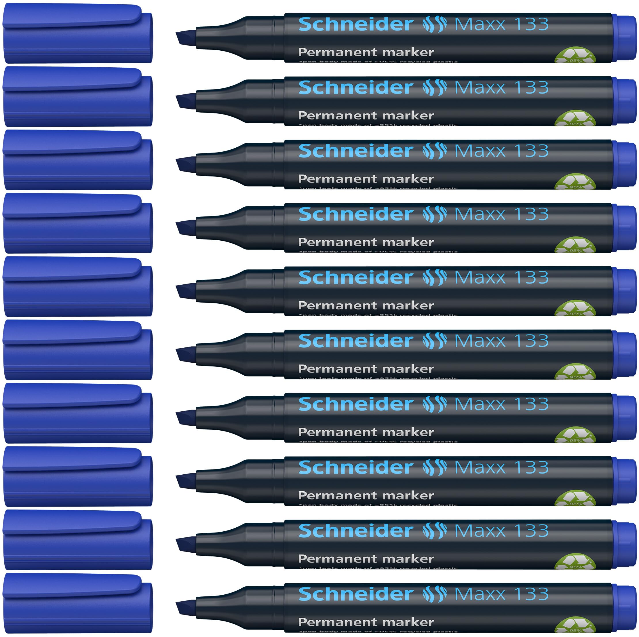 Schneider Maxx 133 Permanent Marker with Chisel Tip (Line Width 1-4 mm, Refillable) Pack of 10 Blue