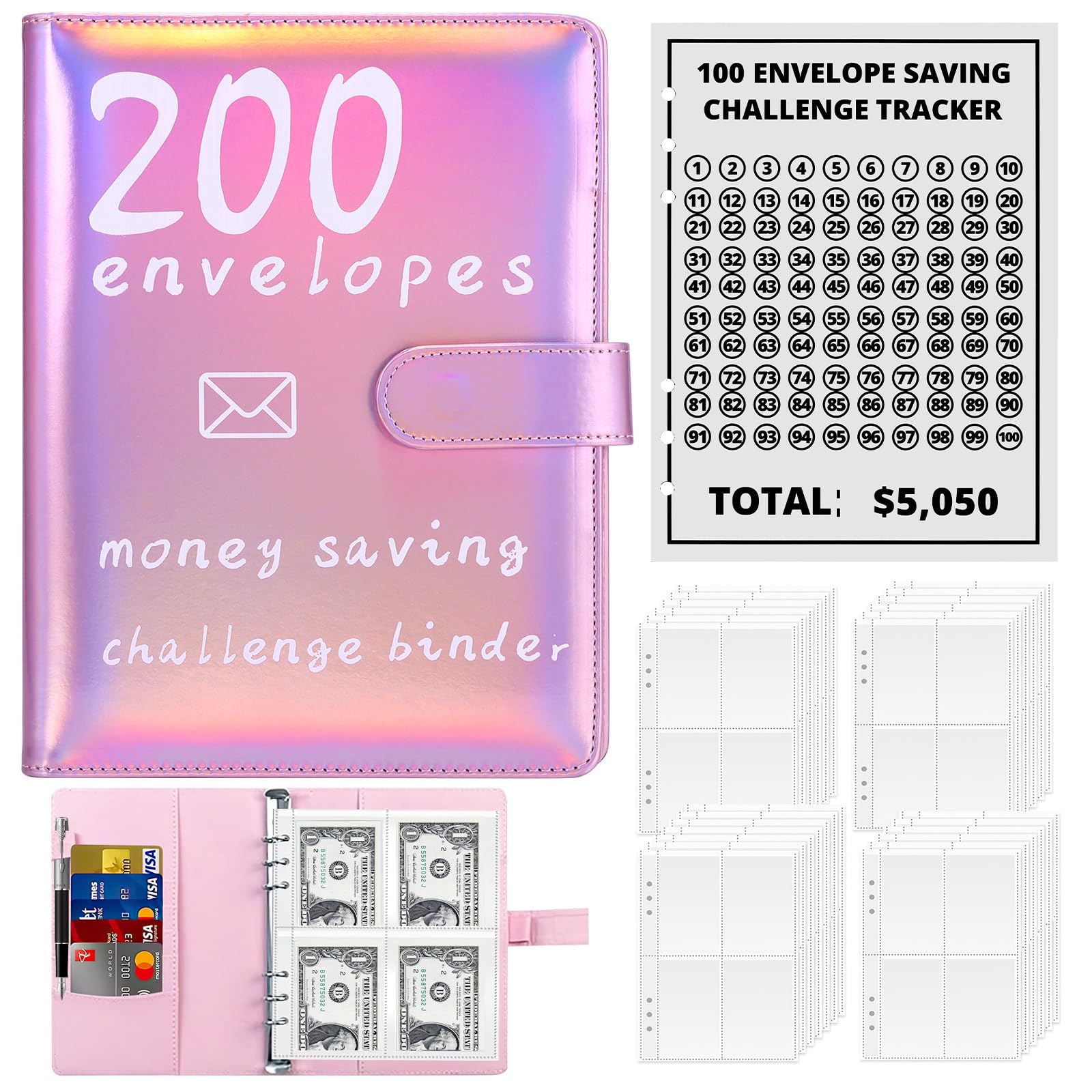 100 Envelope Challenge Binder, Envelope Savings Challenge Budget Binder Savings Challenge Book with 25 Money Saving Trackers to Save £5050, Purple Cash Envelope Wallet for School Home Office