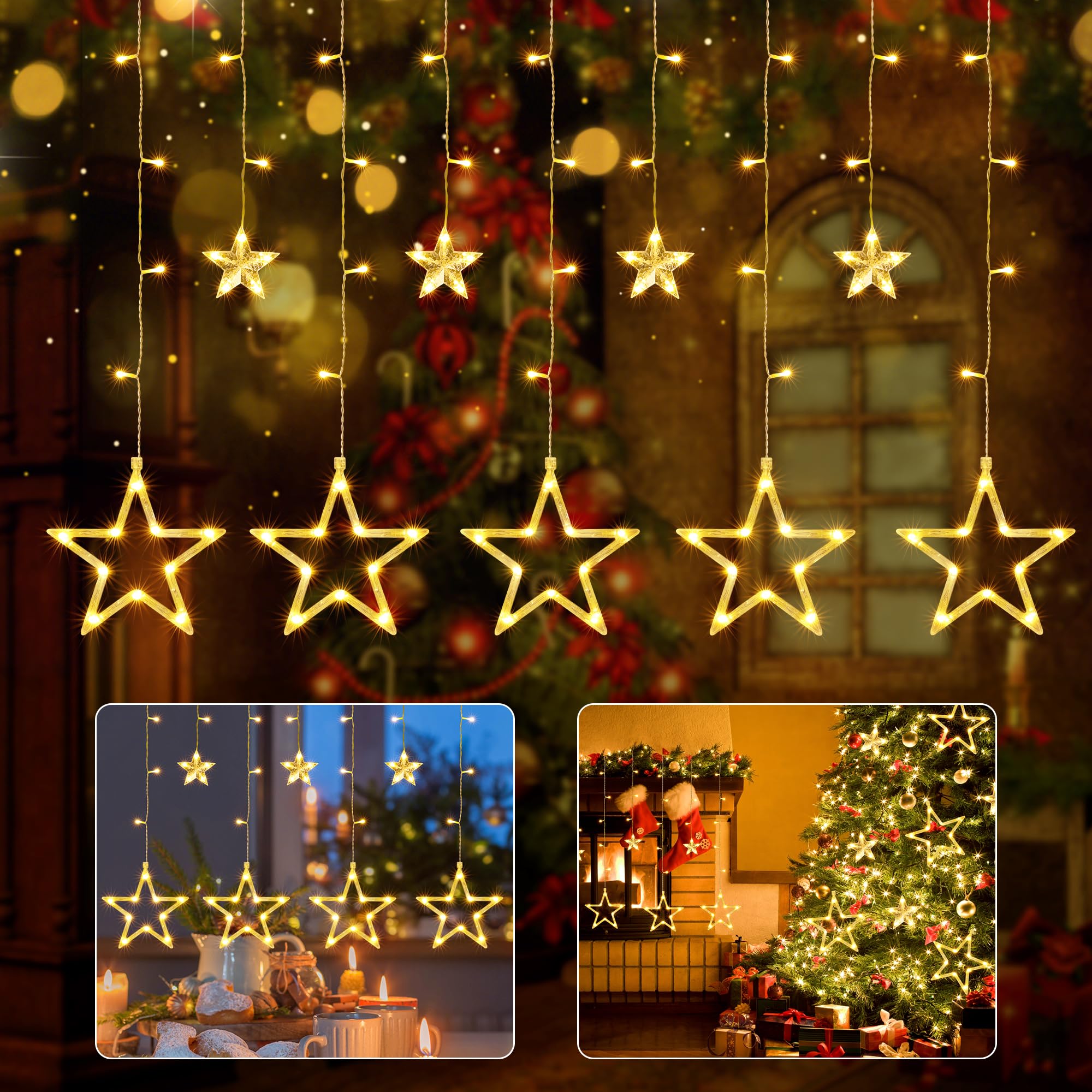 iShabao Christmas Star Curtain Lights, 138 LED Curtain Fairy Lights with 12 Stars, 8 Modes Christmas Decorations Window Lights for Xmas Tree, Party, Wedding, Garden, Bedroom (Warm White)