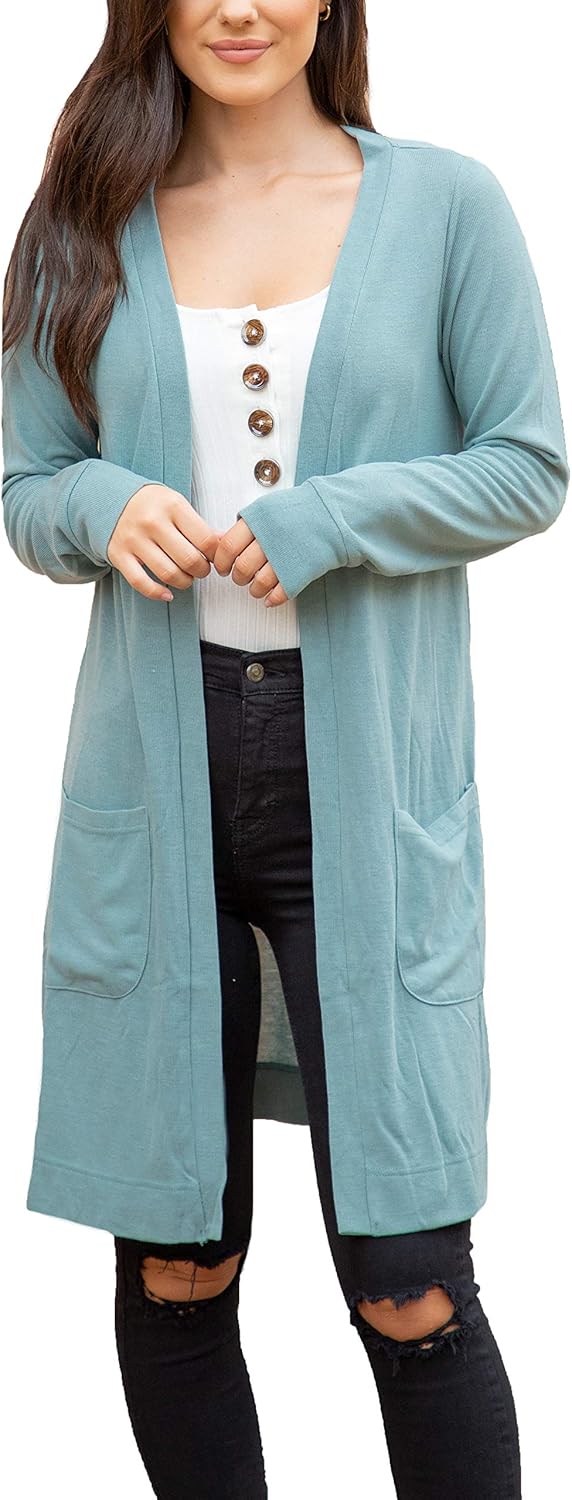 Tickled Teal Women’s Soft Long Sleeve Pocket Cardigan at  Women’s Clothing store