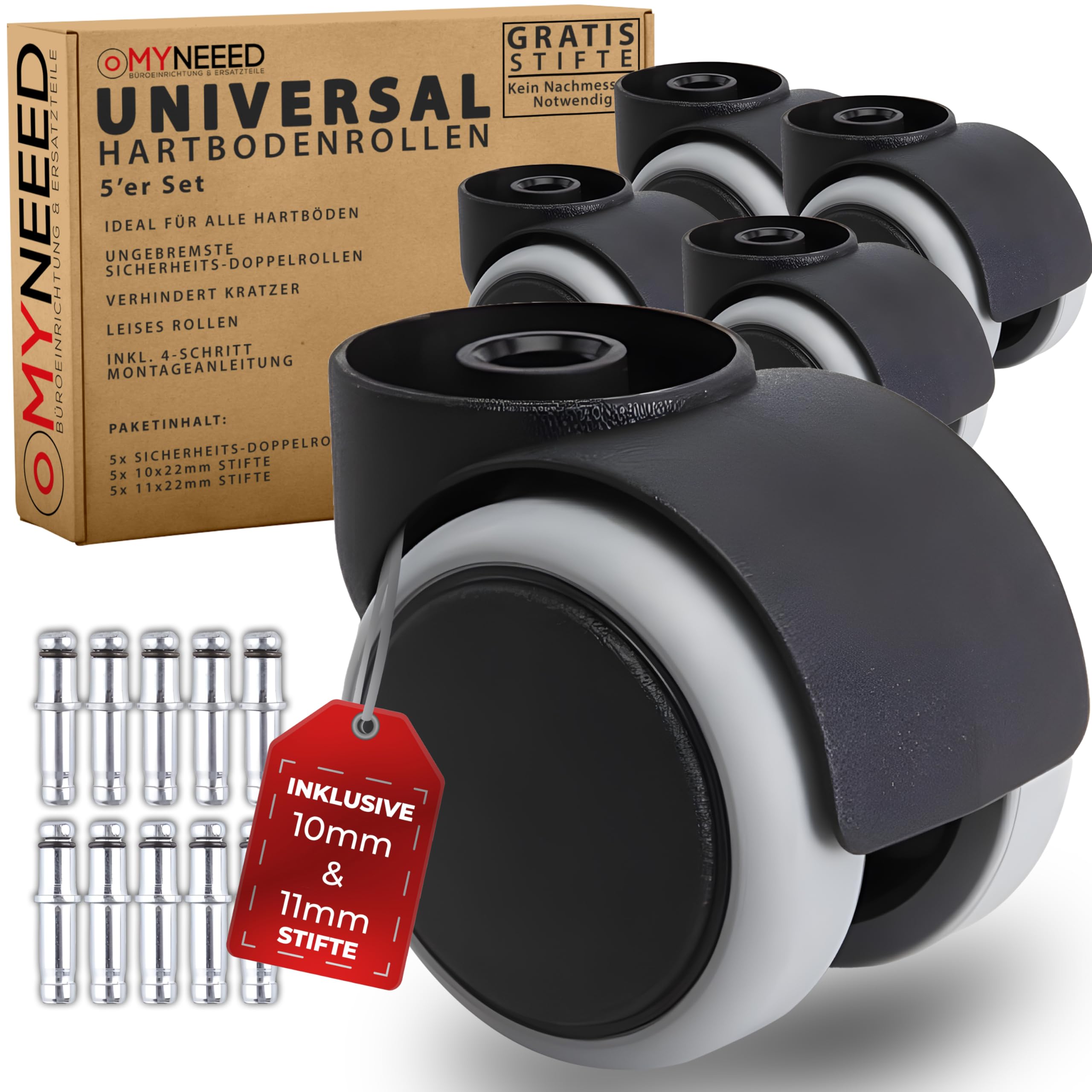 Hard Floor Castor Wheels 10 mm / 11 mm for All Office Chair Brands - Durable Hard Floor Castors without Pin for Laminate Parquet Tiles - Scratch-Free and Quiet Chair Castors - TÜV & GS Tested