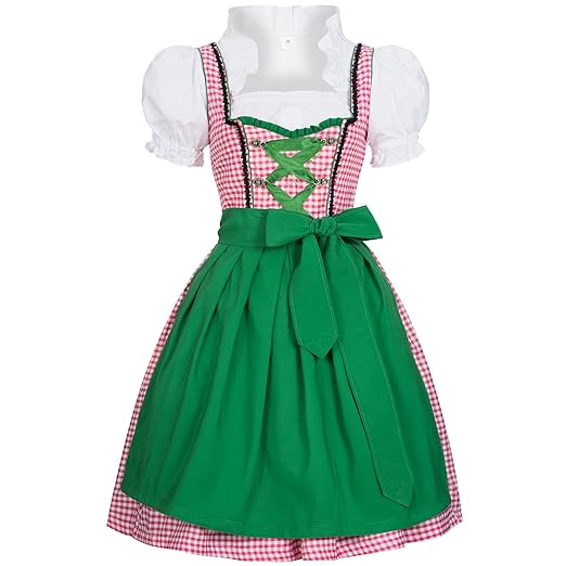 Gaudi-Leathers, Dirndl Set 3 TLG. Joy rosa weiß kariert mit Schürze in grün