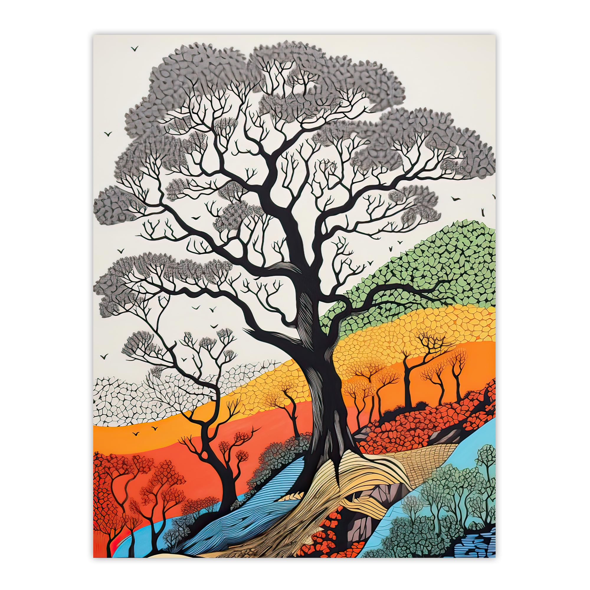 Artery8 Gond Style Yosemite Forest Trees Colourful Painting Extra Large XL Wall Art Poster Print
