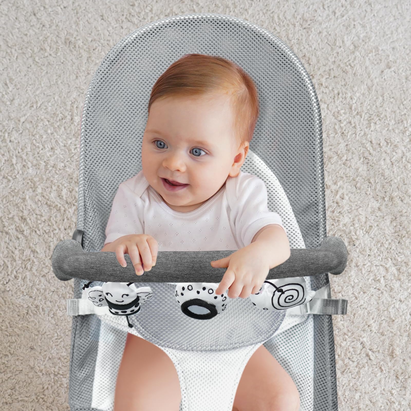 Baby Bjorn Bouncer Toy Bar, Toy Bar for Baby Bouncer Bliss and Balance Soft with 3 PCS Cute Sensory Toys, Easy to Attach and Remove, Skin -Friendly, Machine Washable, Black and White, Soft