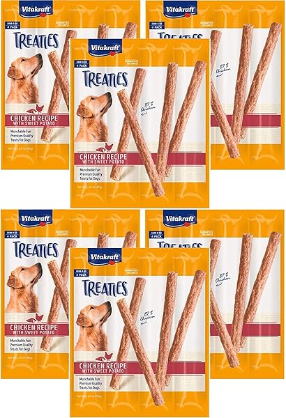 VITAKRAFT 4 PACK OF TREATIES FOR DOGS, SMOKED CHICKEN RECIPE WITH SWEET POTATO, MUNCHABLE TREAT STICKS