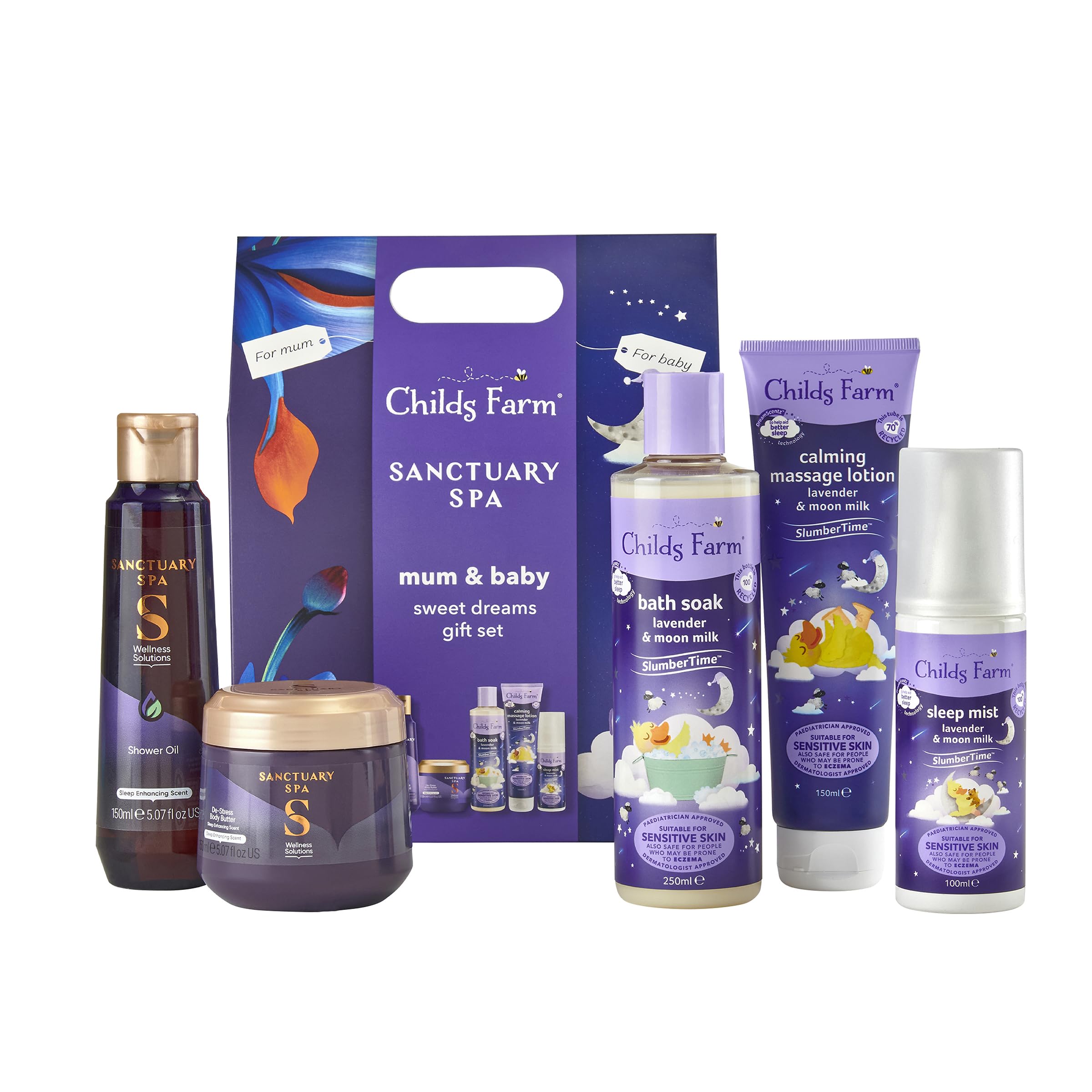 Childs Farm Mum and Baby Sweet Dreams Gift, 3-Step Sleep Routine for Baby, De-Stress Shower Oil and De-Stress Body Butter for Mum, Baby Shower Gift, New Mum Gift, Vegan and Cruelty-Free, Clear