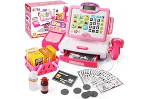 BAODLON Play Calculator Cash Register Toy Gift for Kids Girls Age 3, 4, 5, 6, 7, 8+ Year Old, 57 Pcs Pink Pretend Grocery Store Playset, Incl Microphone, Credit Card, Scanner, Fake Food, Play Money for Kids