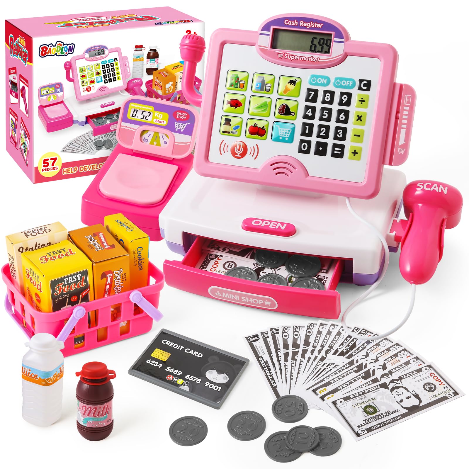 Photo 1 of Play Calculator Cash Register Toy Gift for Kids Girls Age 3, 4, 5, 6, 7, 8+ Year Old, 57 Pcs Pink Pretend Grocery Store Playset, Incl Microphone, Credit Card, Scanner, Fake Food, Play Money for Kids