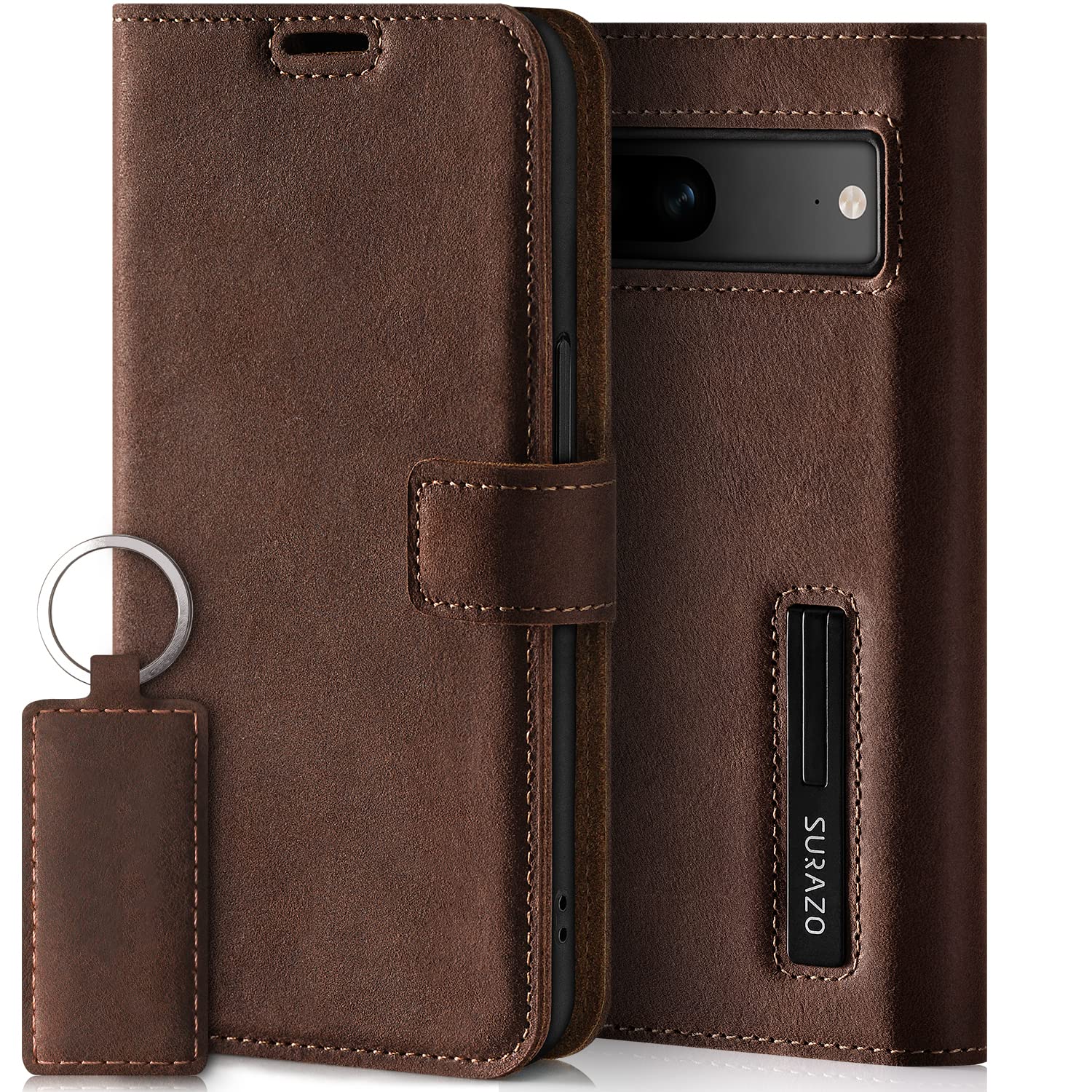 SURAZO Leather Wallet Mobile Phone Case Compatible with Google Pixel 7a - Flip & Fold Smartphone Case with Stand, RFID Blocker, Magnet Closure, 3 Slots for Bank Cards - Handcrafted European Leather