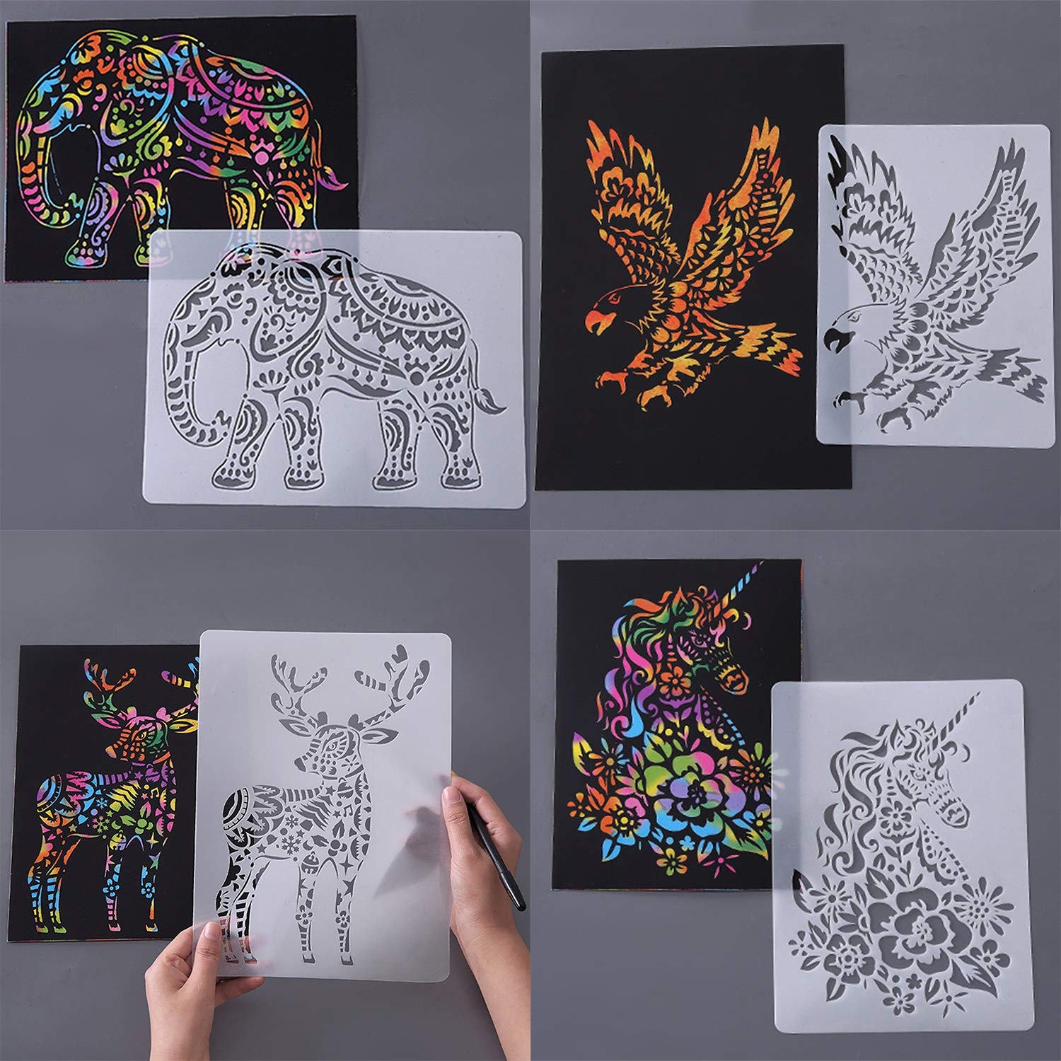 6 Pieces Animal Stencils Kids Craft Stencil Plastic Reusable Painting Stencils for DIY Kids Art Craft Project with 10 Sheets Rainbow Scratch Paper