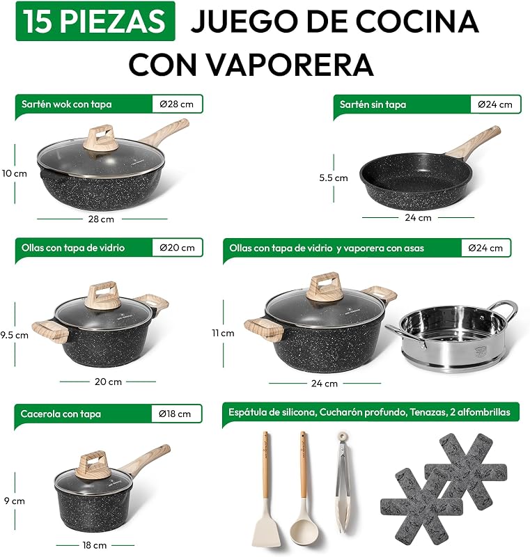 JUST PERFECTO Bateria de Cocina Induccion y Sartenes Antiadherentes - Ollas Cocina 24cm,18cm - Sartenes induccion 24,28 cm - Sartén Hondo con Tapa 24 cm - Cacerolas Para Induccion incluidas Espátula