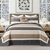 FineStichery 100% Cotton Oversized King Bedspread, 120x120 Extra Large Quilt Set, Farmhouse Striped Quilted Bedding Set, Lightweight Soft Comforter, 3 Piece, Charcoal/Brown/Beige
