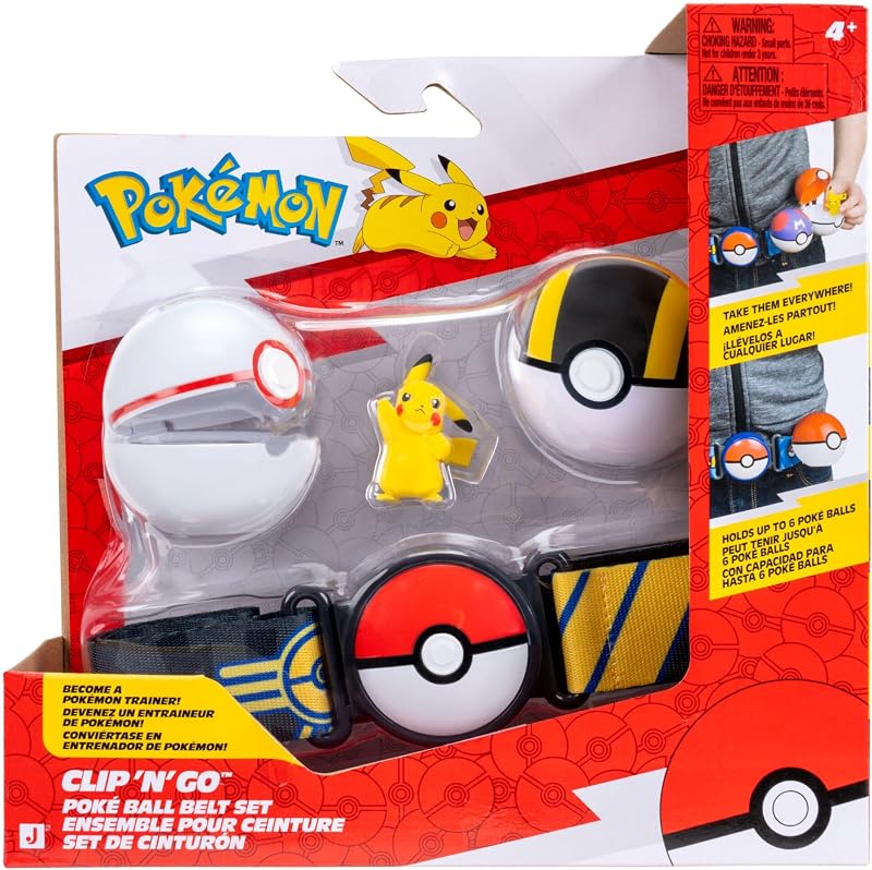 Set de cinturón Pikachu Clip ‘N’ Go de Pokémon: Figura de Batalla de Pikachu de 5 cm con Honor Ball, Ultra Ball y cinturón temático de Tipo eléctrico.