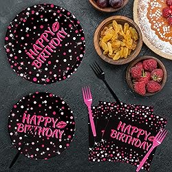 Grencian 96Pcs Hot Pink and Black Birthday Party