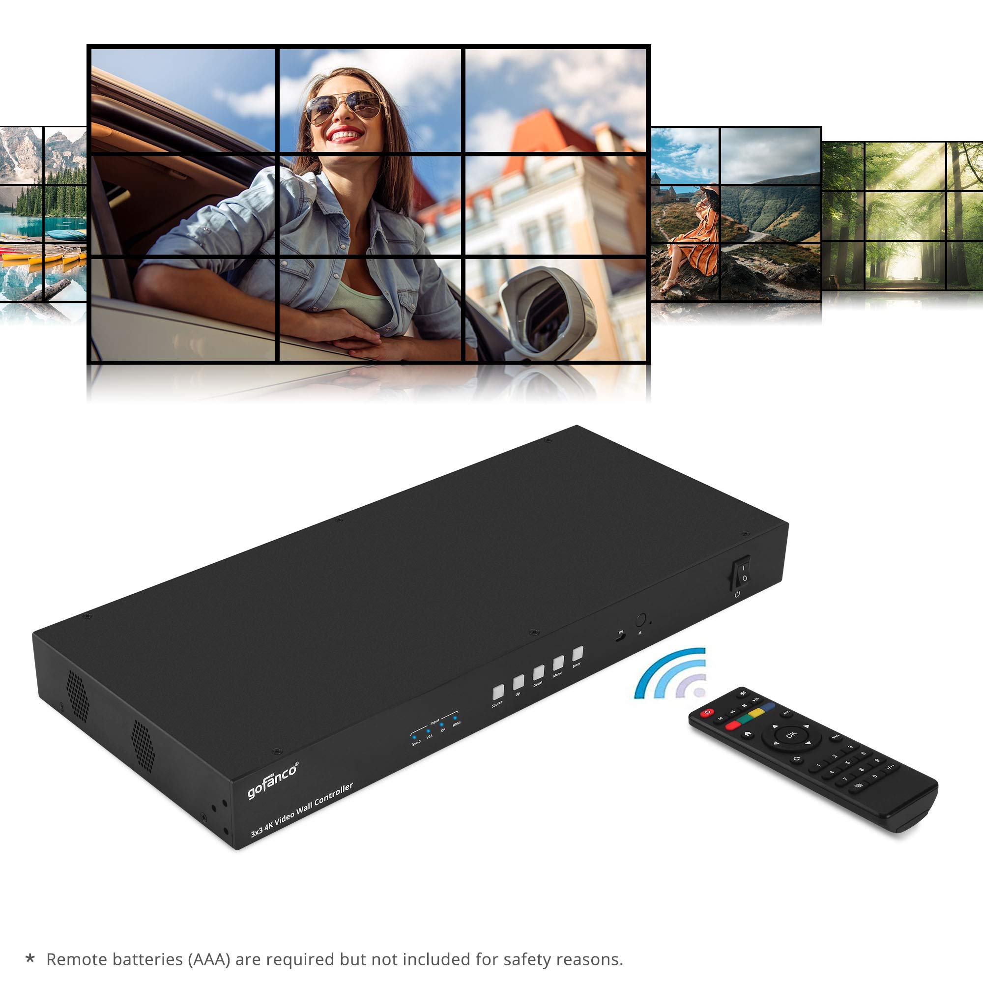 gofanco 4K 3x3 Video Wall Controller and Processor – up to 4K 30Hz, Inputs (USB-C, VGA, DP, HDMI) - 180º Rotate, Edge Correction, 1U, Audio Extractor - 25 Modes, Cascade up to 10x10 (Videowall33)